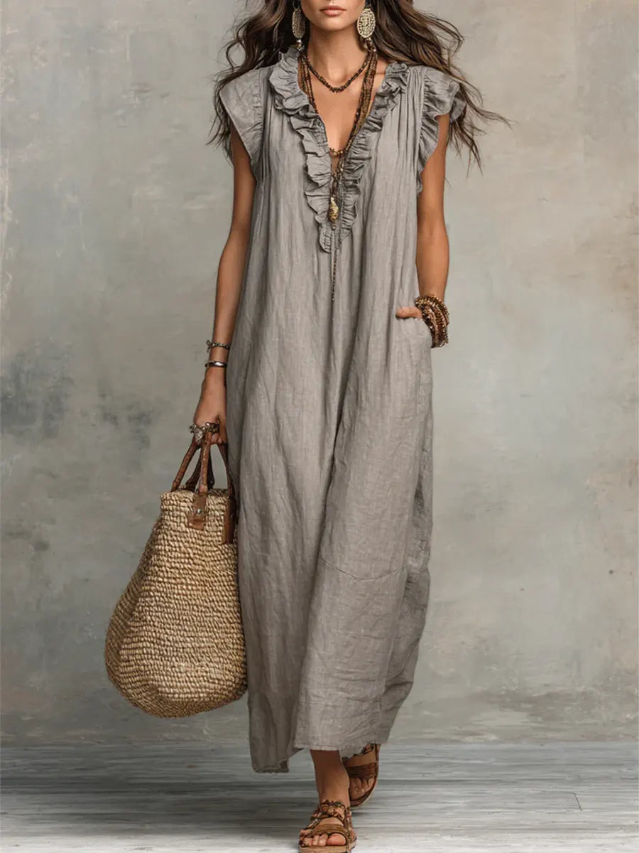 Robe maxi bohème sans manches à col en V avec bordure à volants pour femme