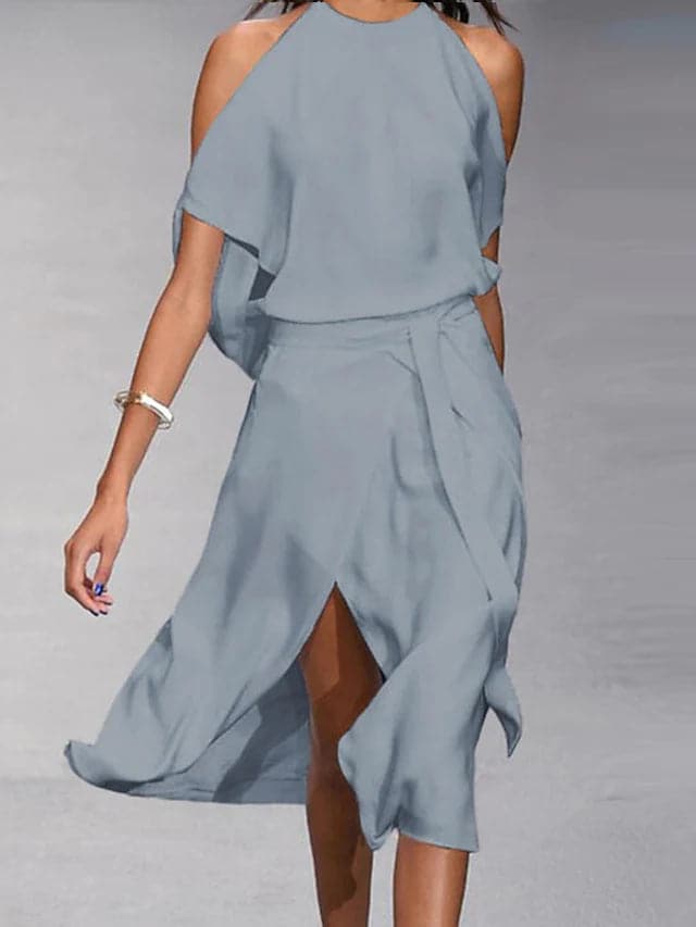 Women's Asymmetrical Draped Short Sleeve Midi Dress