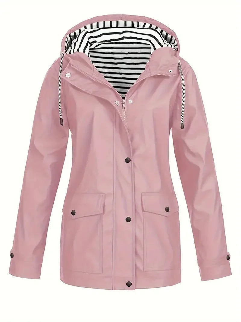 Women's Striped Waterproof Hooded Rain Jacket