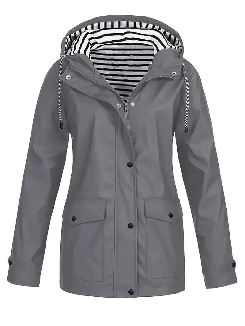 Women's Striped Waterproof Hooded Rain Jacket