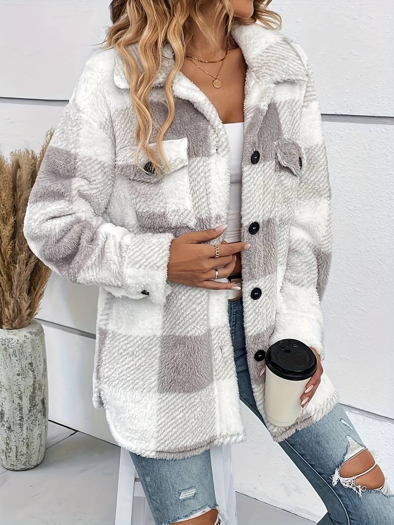 Women's Plaid Fleece Jacket Button-Up
