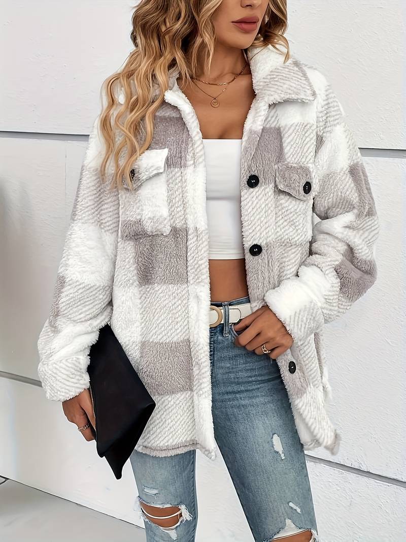 Women's Plaid Fleece Jacket Button-Up