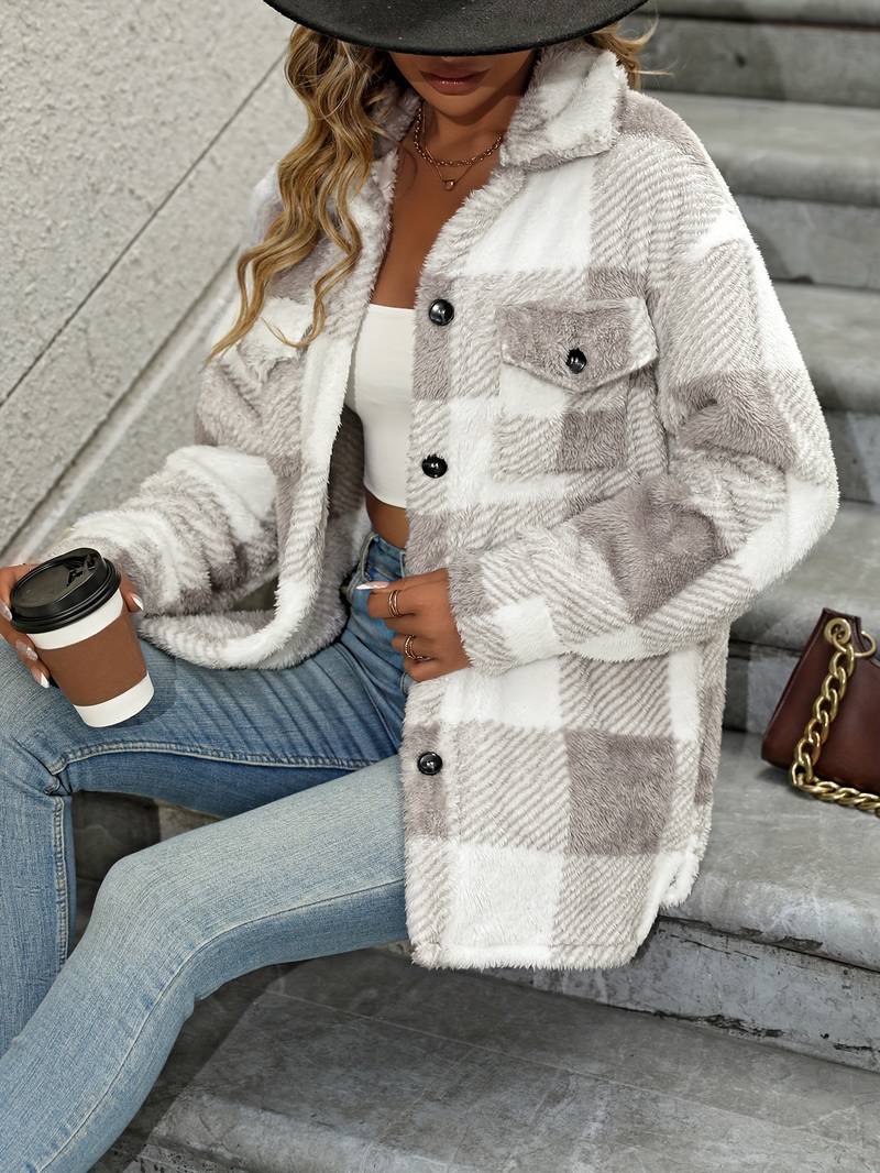 Women's Plaid Fleece Jacket Button-Up