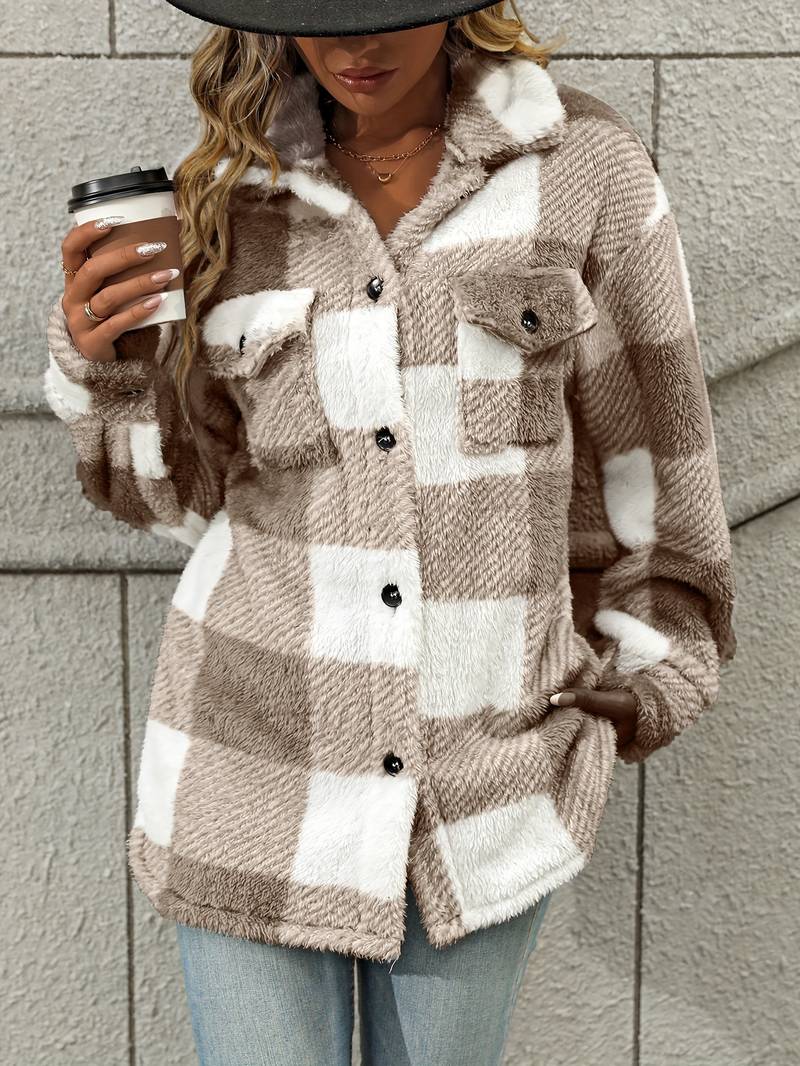 Women's Plaid Fleece Jacket Button-Up