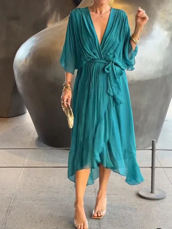 Φόρεμα Midi Κρουαζέ με V-Λαιμόκοψη και Ζώνη