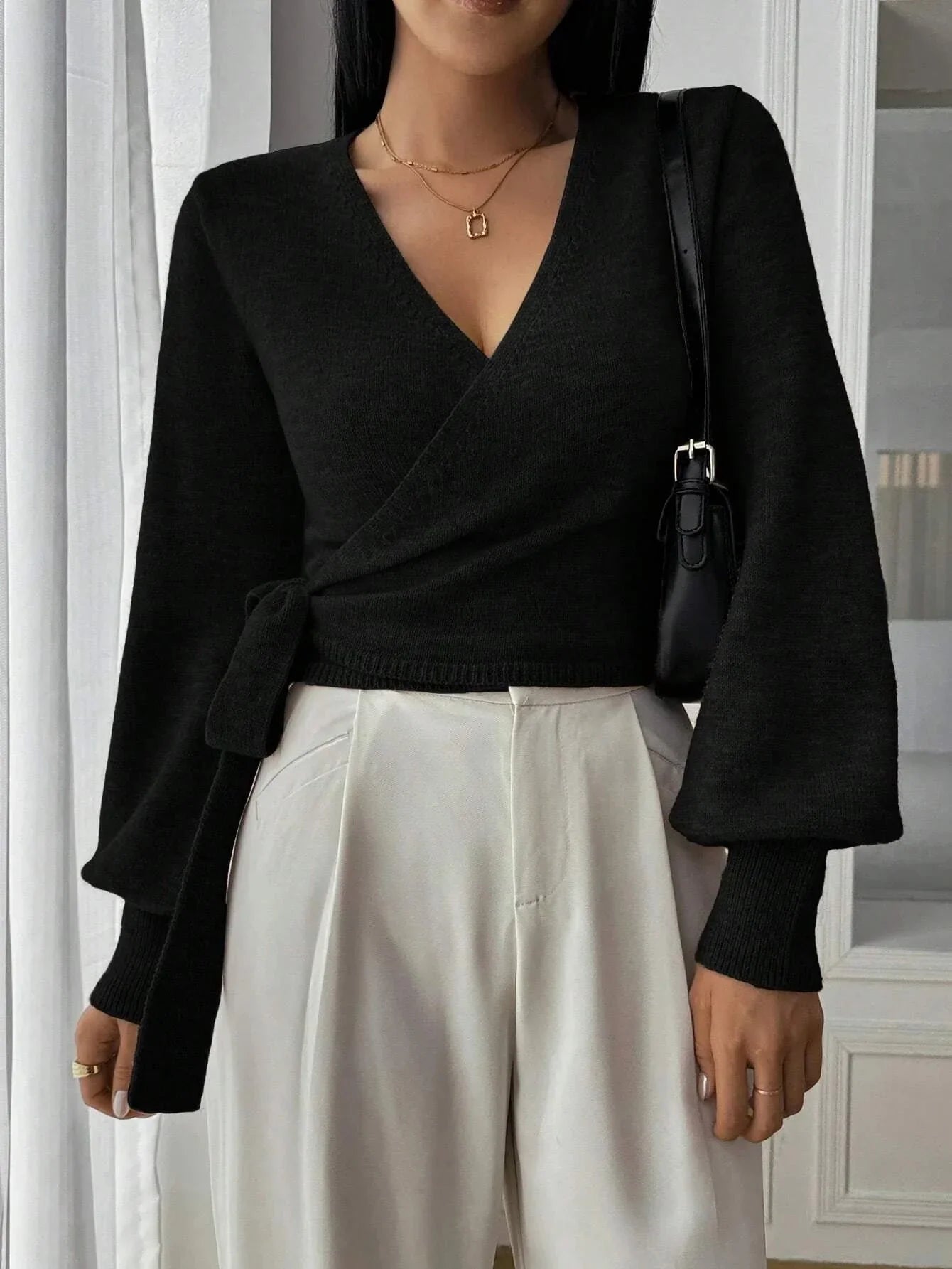 Women's Wrap Sweater with Adjustable Tie Belt