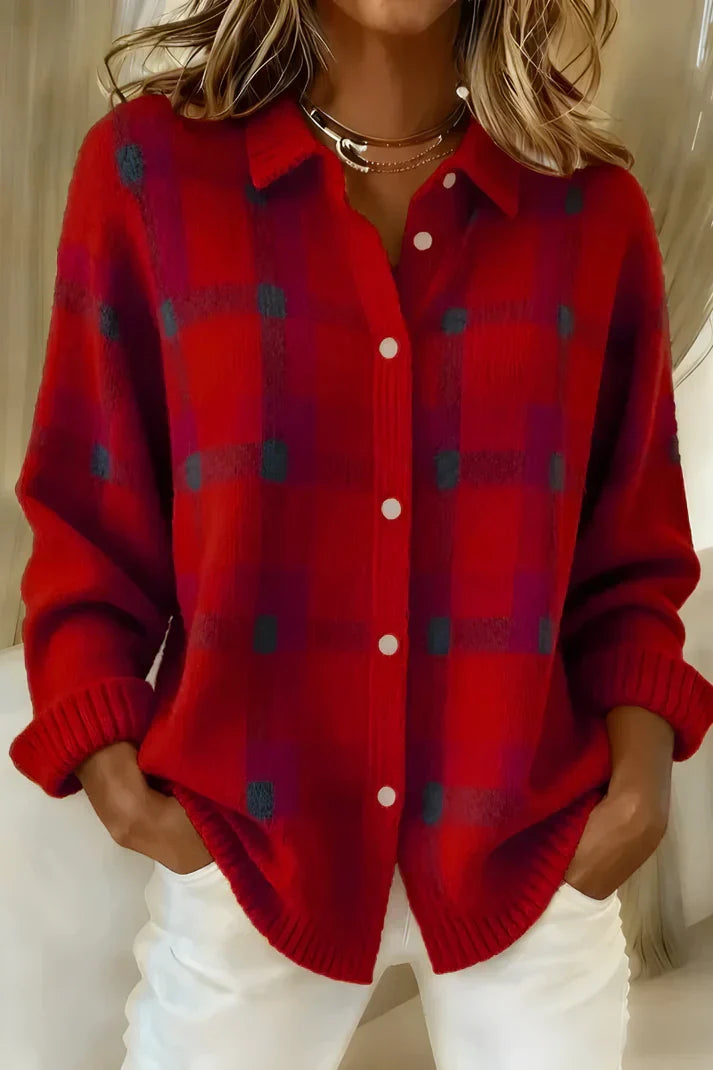 Women's Plaid Knit Collared Cardigan Sweater