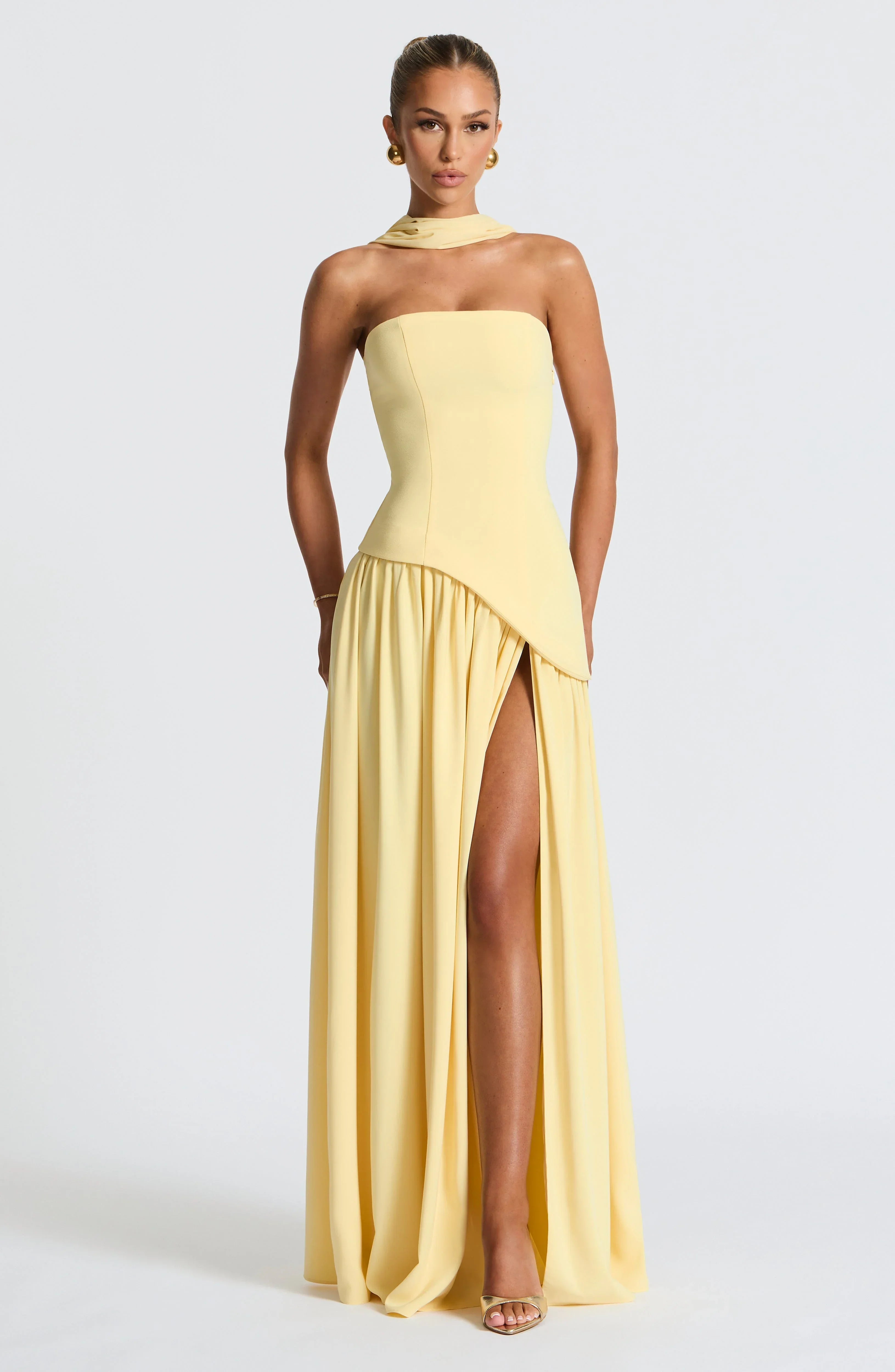 Asymmetric Draped Maxi Dress with Halter Scarf Detail & Front Slit