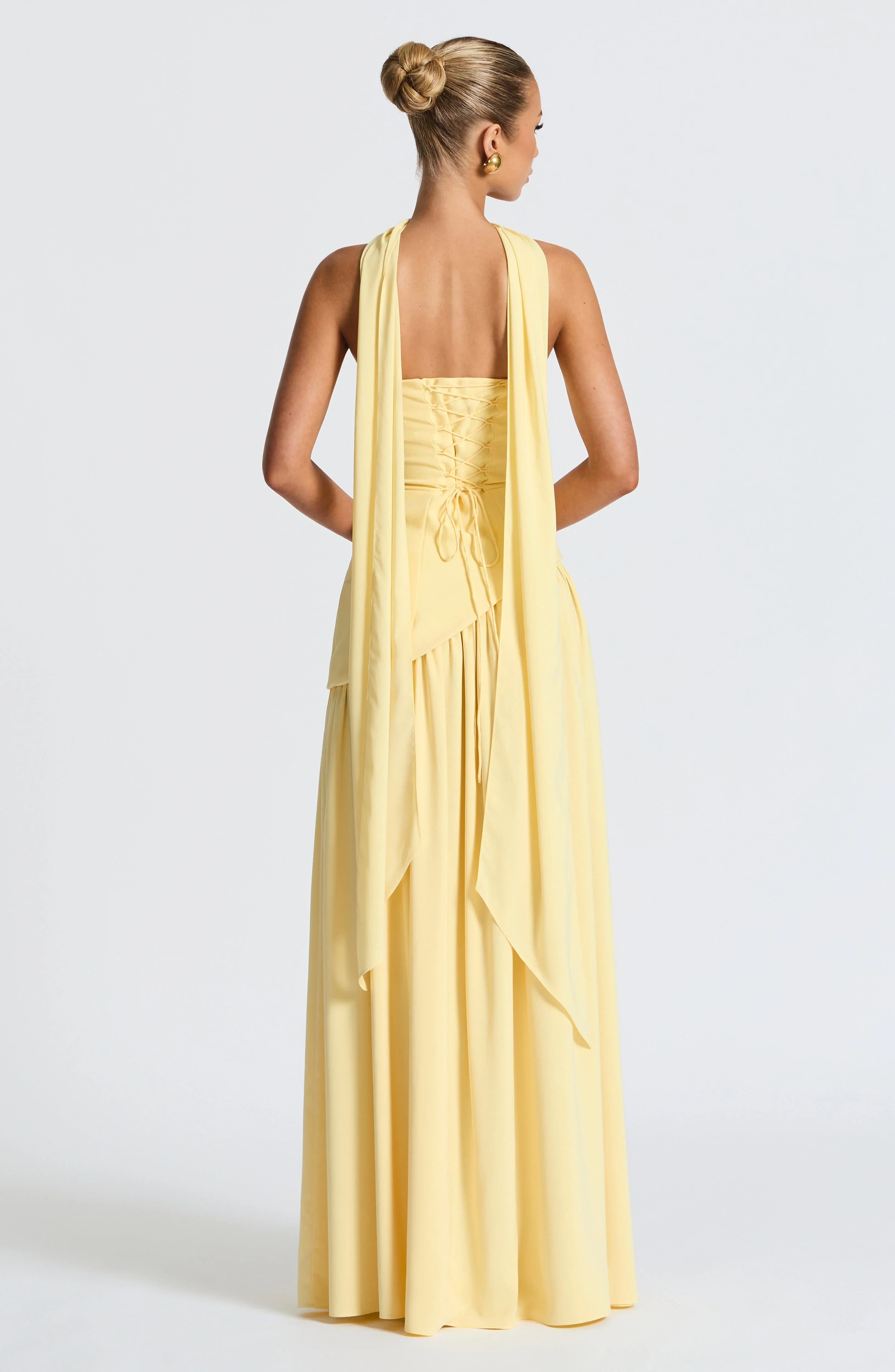 Asymmetric Draped Maxi Dress with Halter Scarf Detail & Front Slit