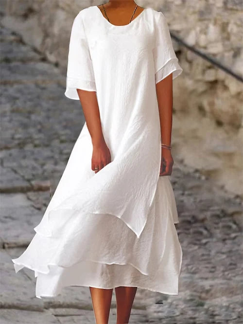 Women’s Casual Swing Midi Dress with Layered Ruffle Hem