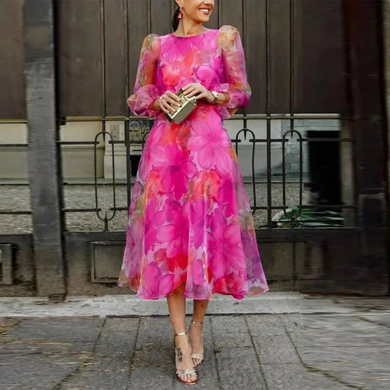Robe midi fleurie manches longues pour invitées de mariage