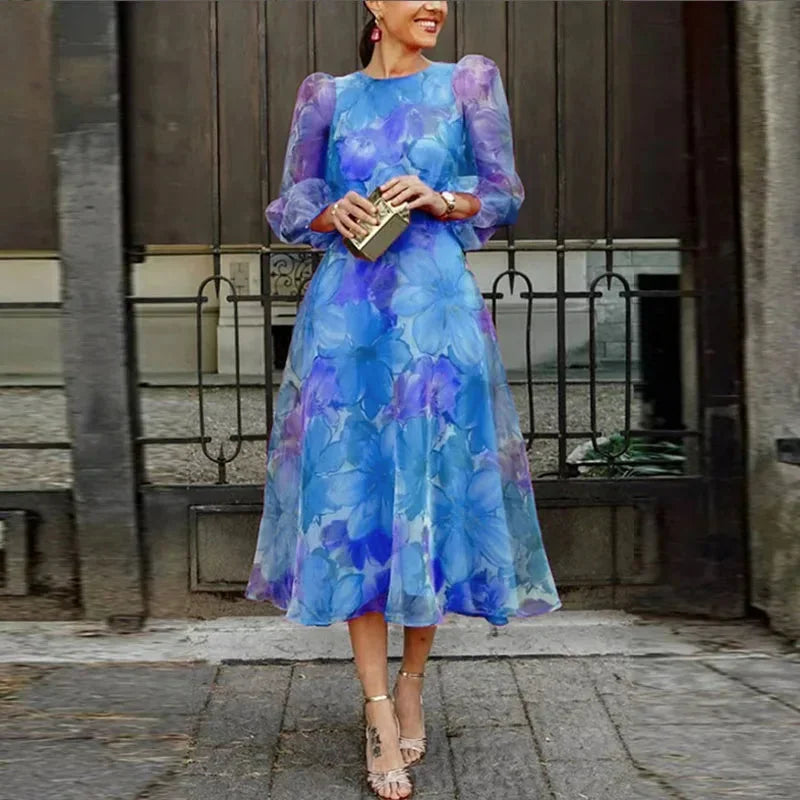 Robe midi fleurie manches longues pour invitées de mariage