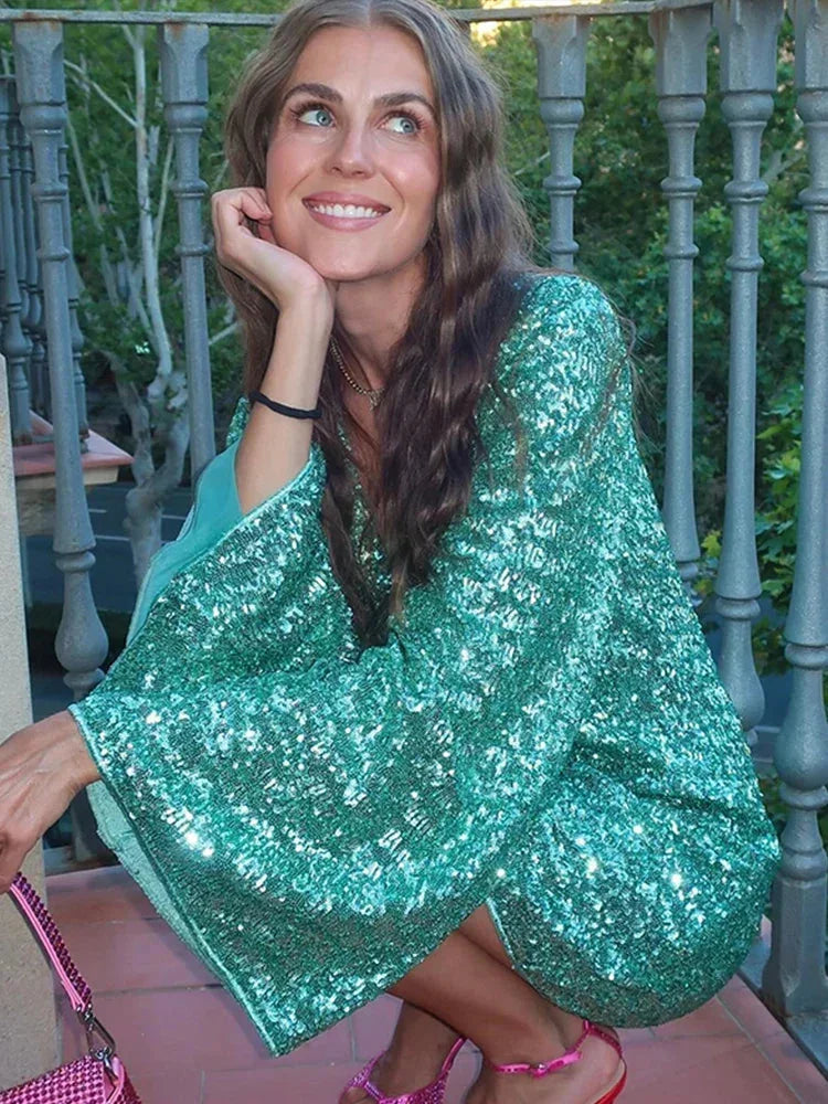 Sequin Deep V-Neck Mini Dress with Bell Sleeves!
