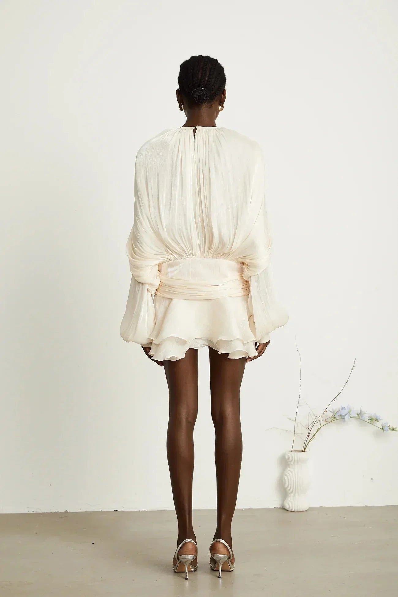 Draped Balloon Sleeve Mini Dress with Ruffle Hem