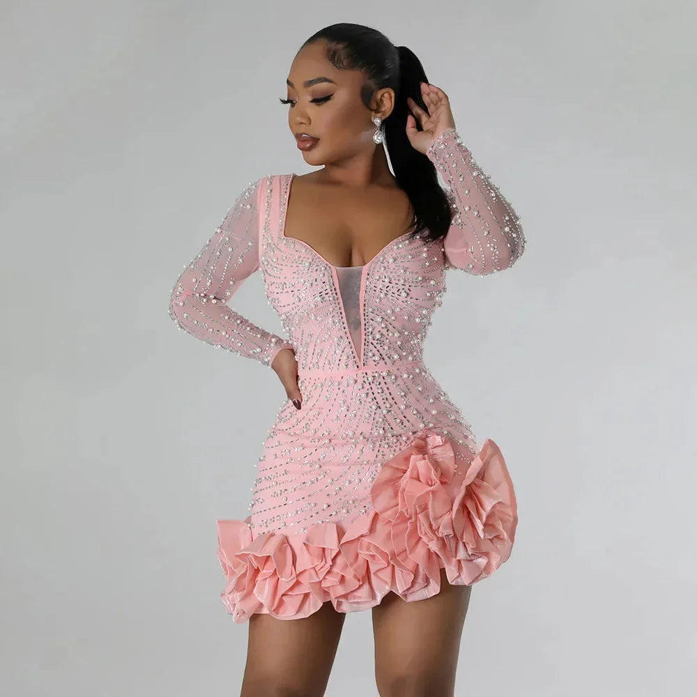 Robe mini de soirée pour femme à col en V profond ornée avec ourlet à volants