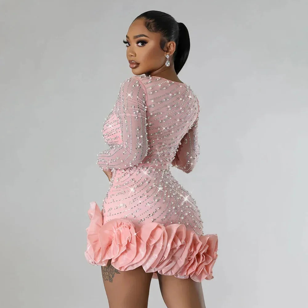 Robe mini de soirée pour femme à col en V profond ornée avec ourlet à volants
