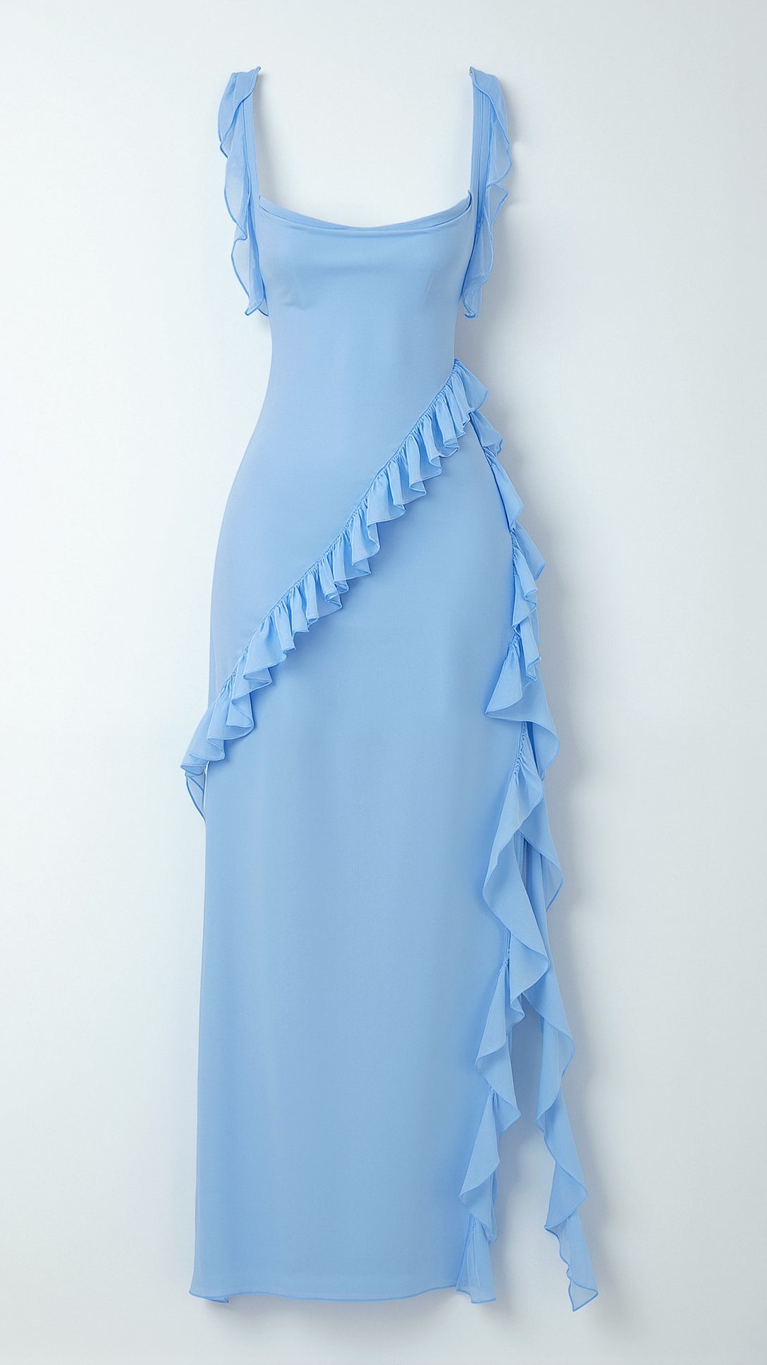 Vestido largo de mujer con abertura delantera de volantes