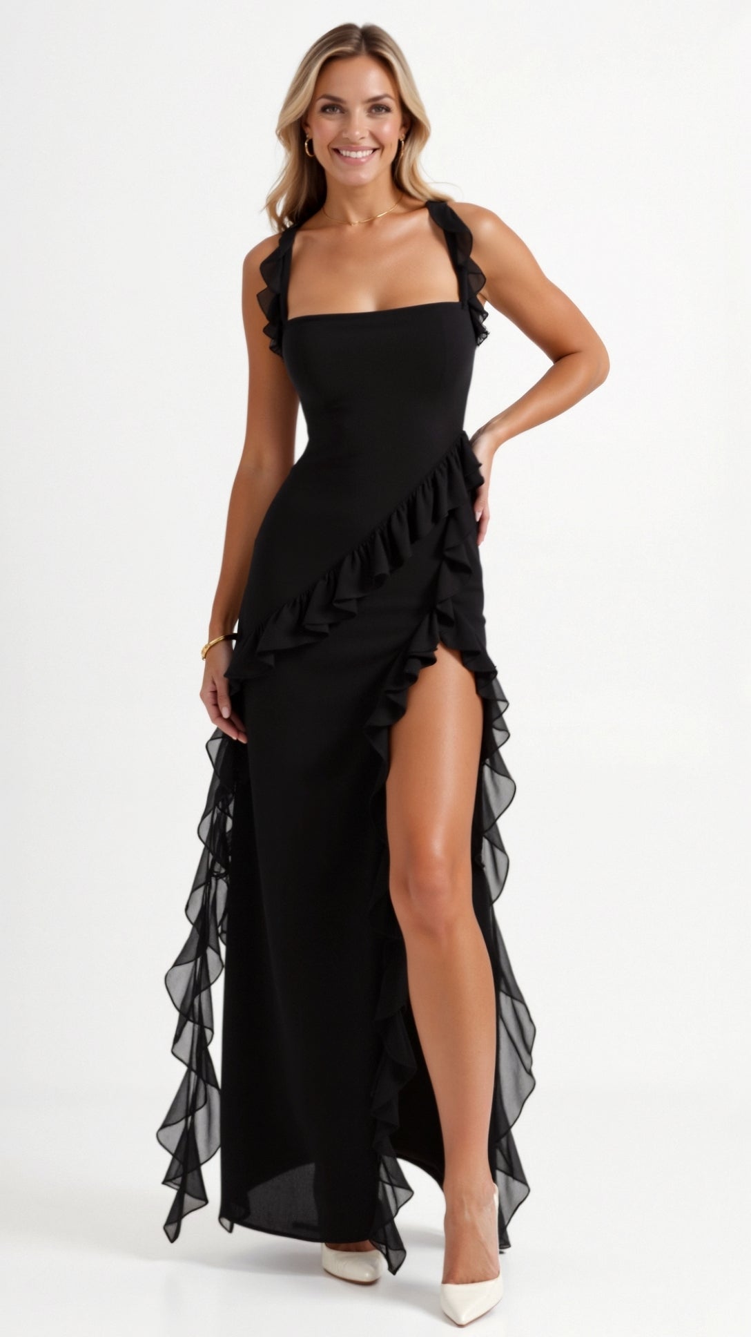 Vestido largo de mujer con abertura delantera de volantes