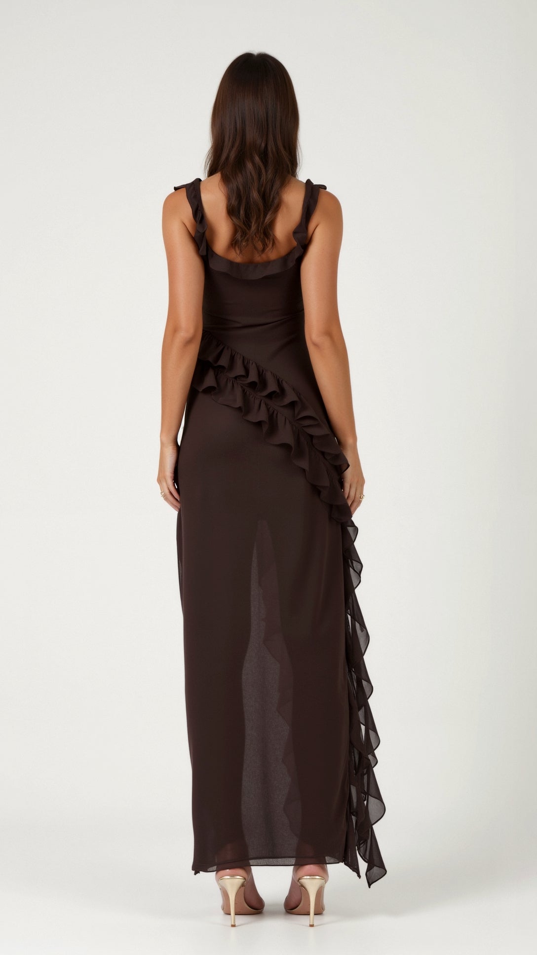 Vestido largo de mujer con abertura delantera de volantes