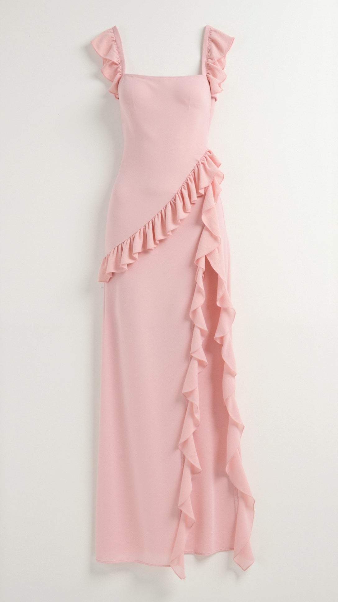 Vestido largo de mujer con abertura delantera de volantes