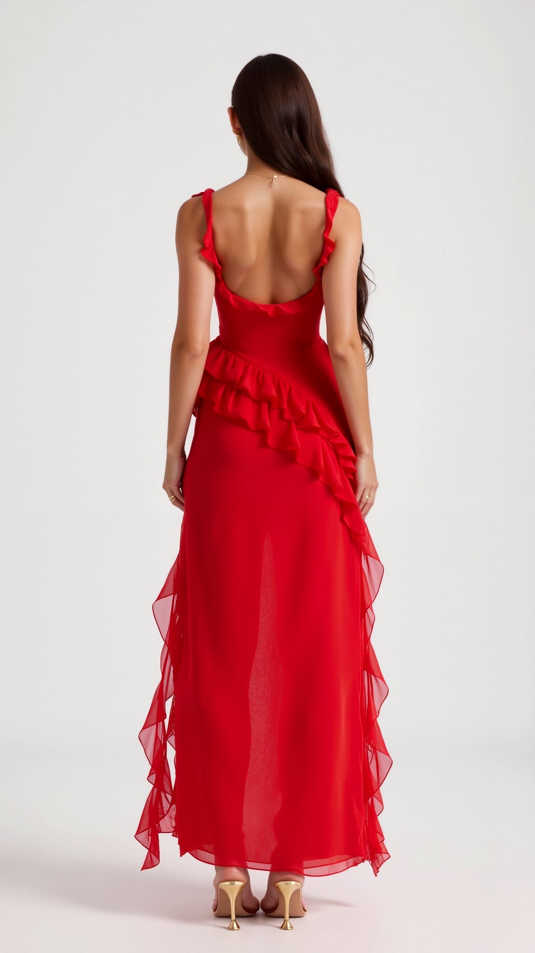 Vestido largo de mujer con abertura delantera de volantes