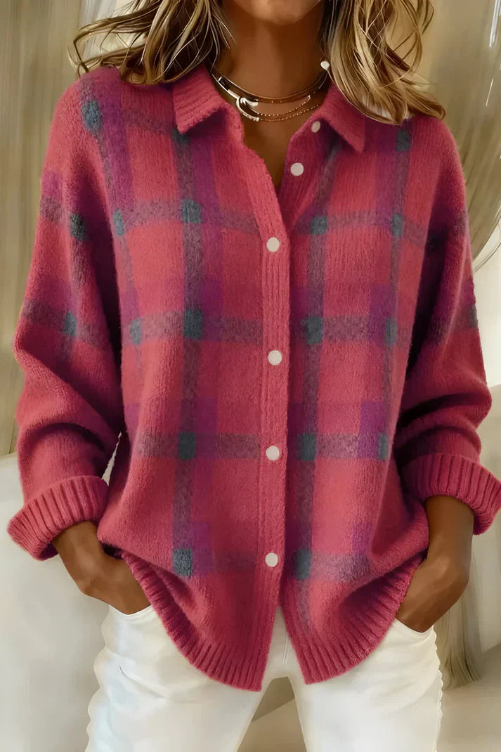 Women's Plaid Knit Collared Cardigan Sweater