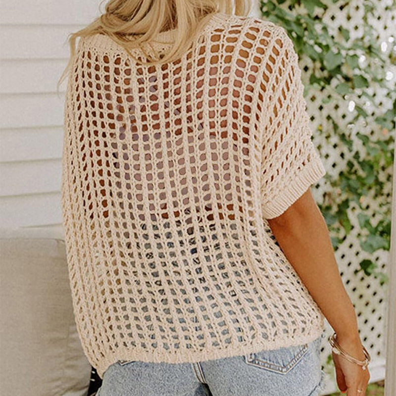 Women's Apricot Fishnet Knit Short Sleeve Tee
