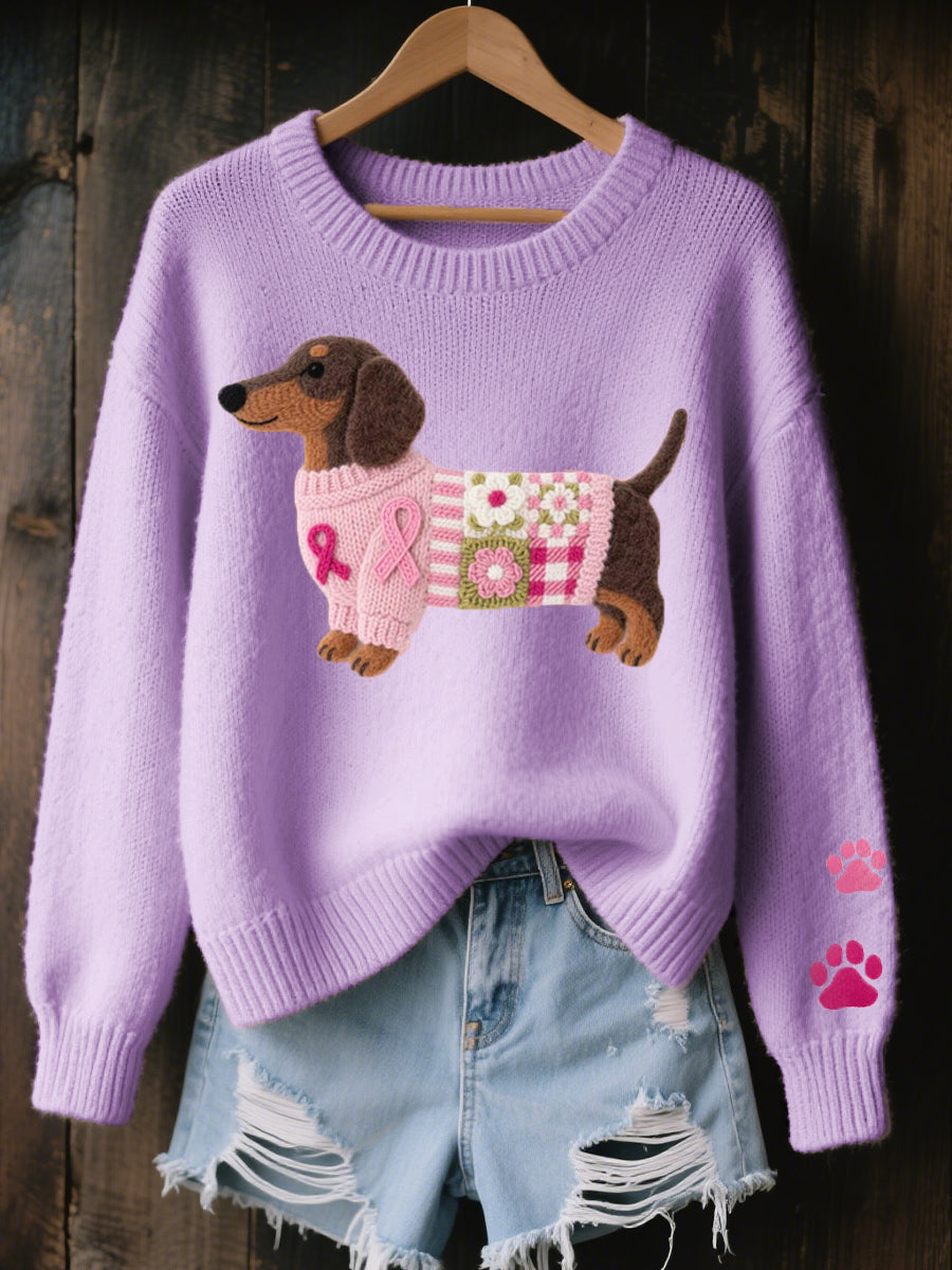 Suéter de punto con diseño de parches de perro salchicha para mujer
