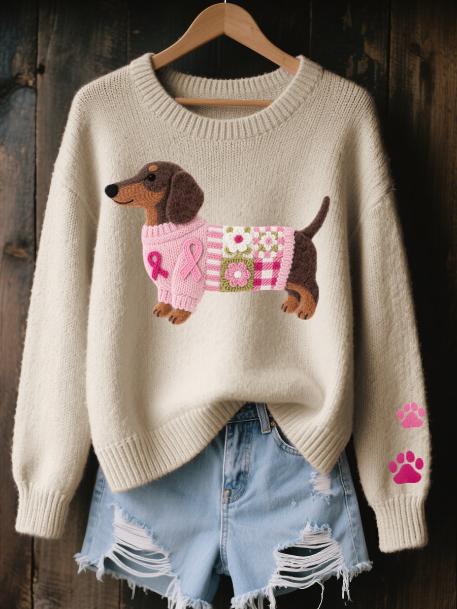 Suéter de punto con diseño de parches de perro salchicha para mujer