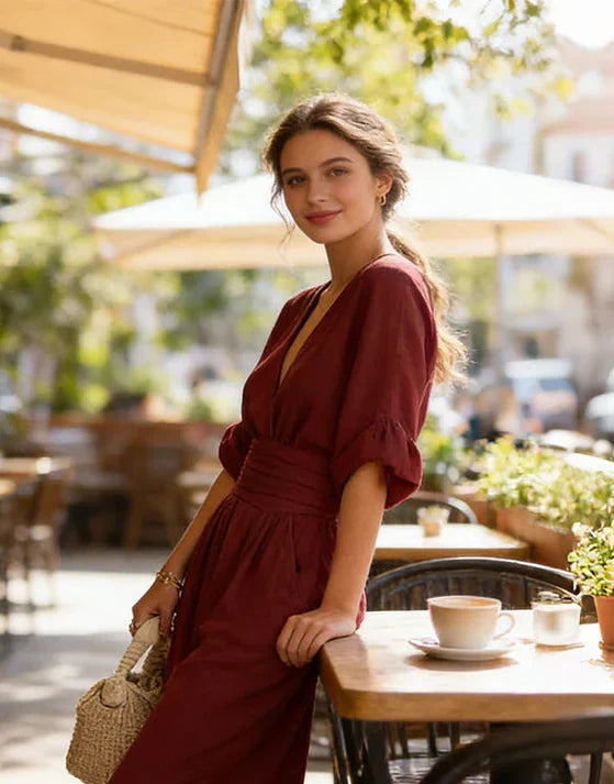Γυναικεία ολόσωμη φόρμα με V-ντεκολτέ, φαρδιά μπατζάκια και δέσιμο στη μέση