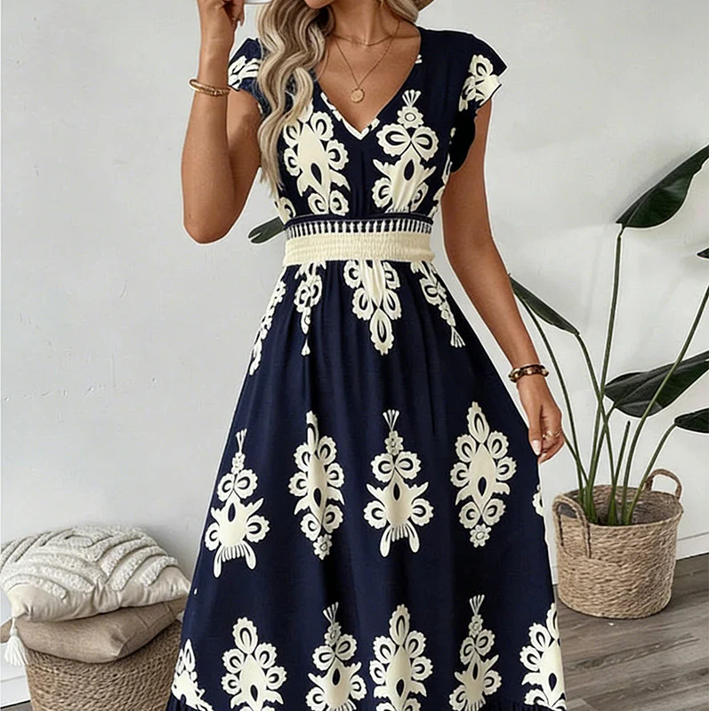 Women’s Embroidered Maxi Dress with Cap Sleeves and Defined Waist