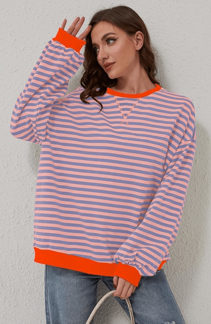 Women's Striped Sweatshirt Relaxed Fit Crew Neck