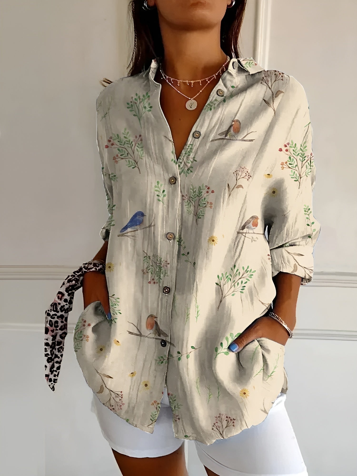 Women’s Artistic Floral Print Button-Up Blouse