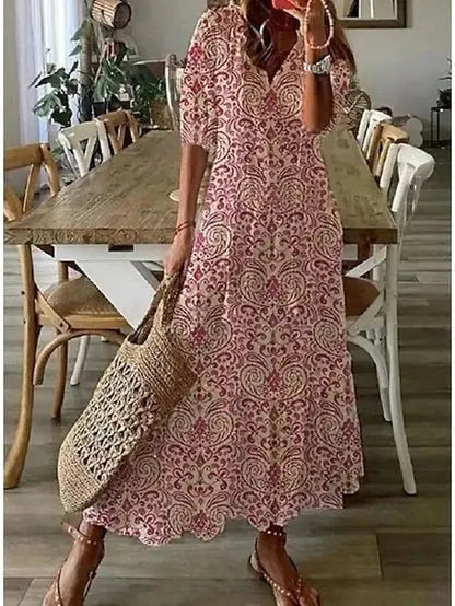 Women's Bohemian Printed Maxi Dress with V-Neck and Flowy Silhouette