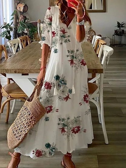 Women's Bohemian Printed Maxi Dress with V-Neck and Flowy Silhouette