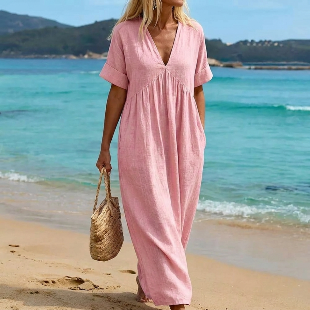 Women's V-Neck Short Sleeve Gathered Waist Maxi Dress