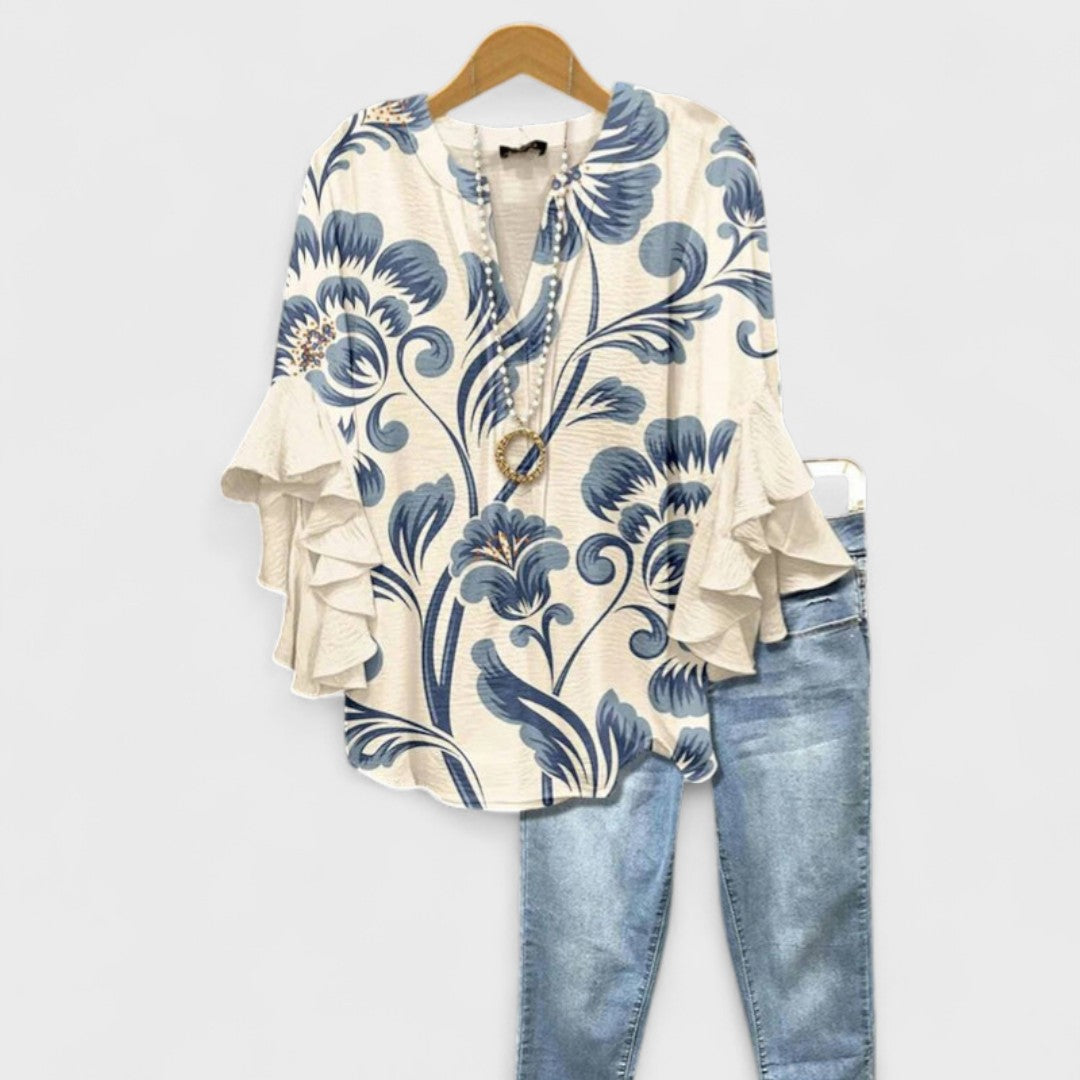 Women's Floral Blouse with Cascading Ruffled Sleeves