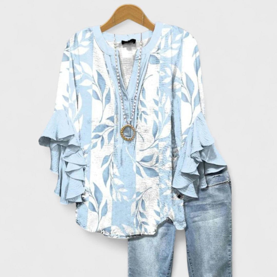 Women's Floral Blouse with Cascading Ruffled Sleeves