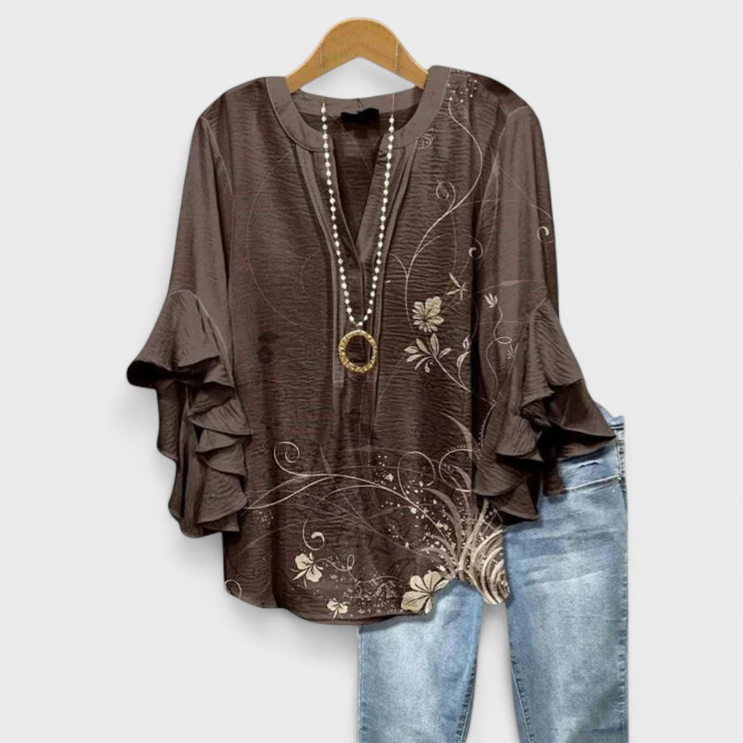 Women's Floral Blouse with Cascading Ruffled Sleeves