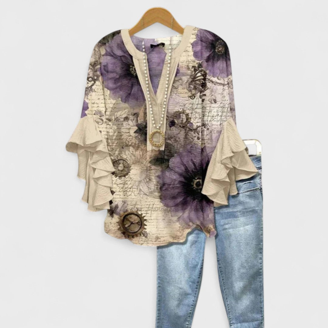 Women's Floral Blouse with Cascading Ruffled Sleeves