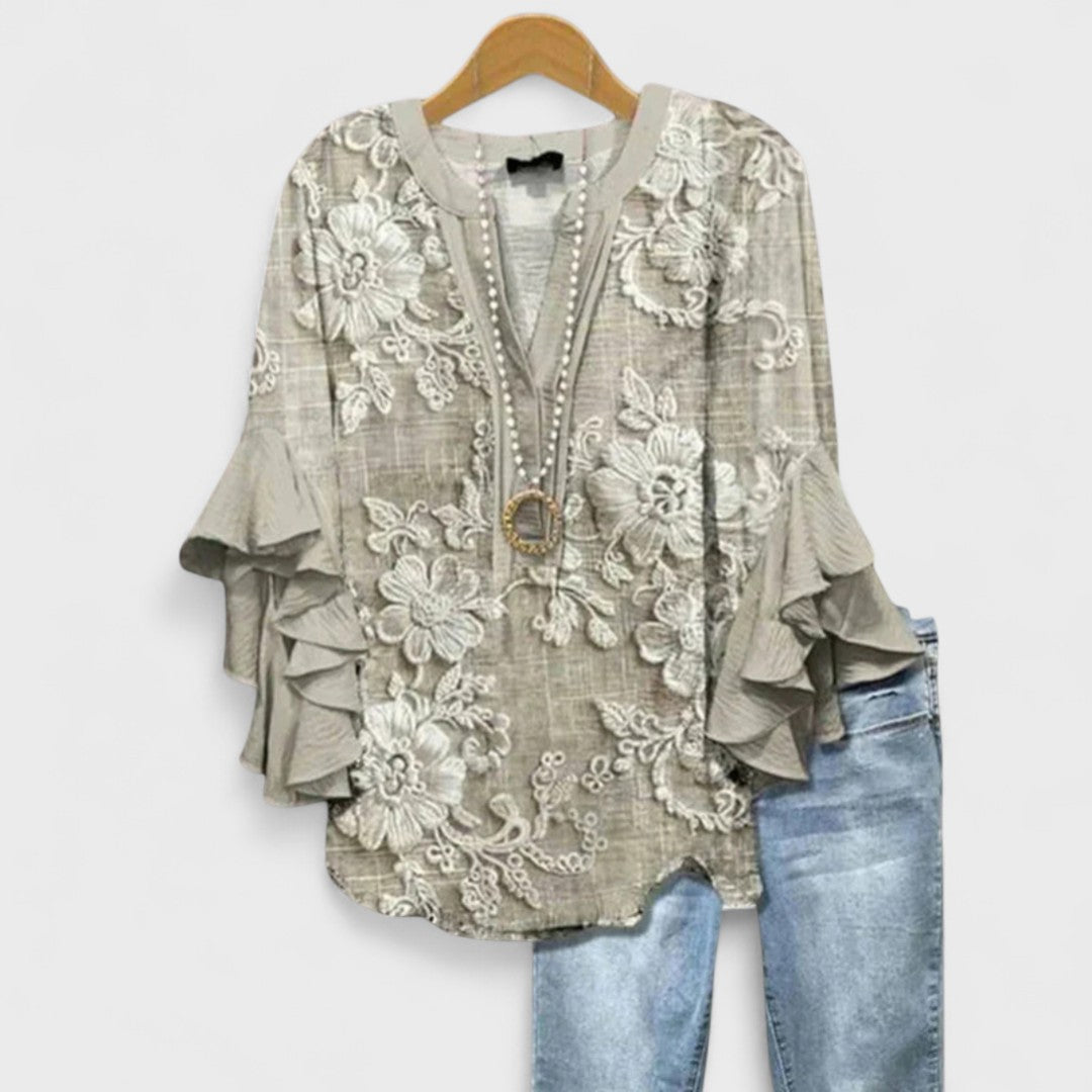 Women's Floral Blouse with Cascading Ruffled Sleeves