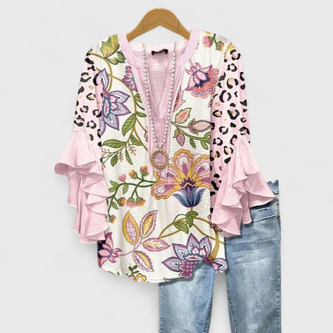 Women's Floral Blouse with Cascading Ruffled Sleeves