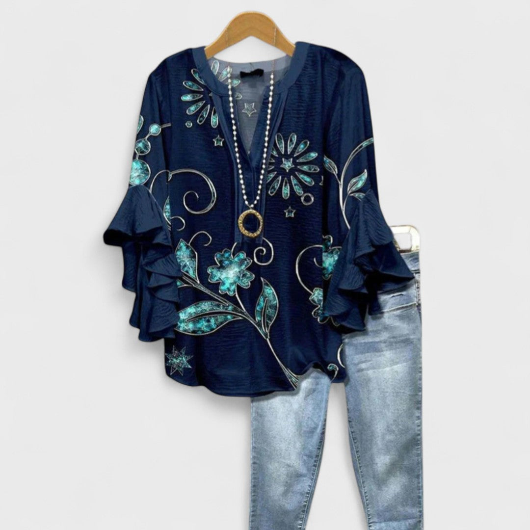Women's Floral Blouse with Cascading Ruffled Sleeves