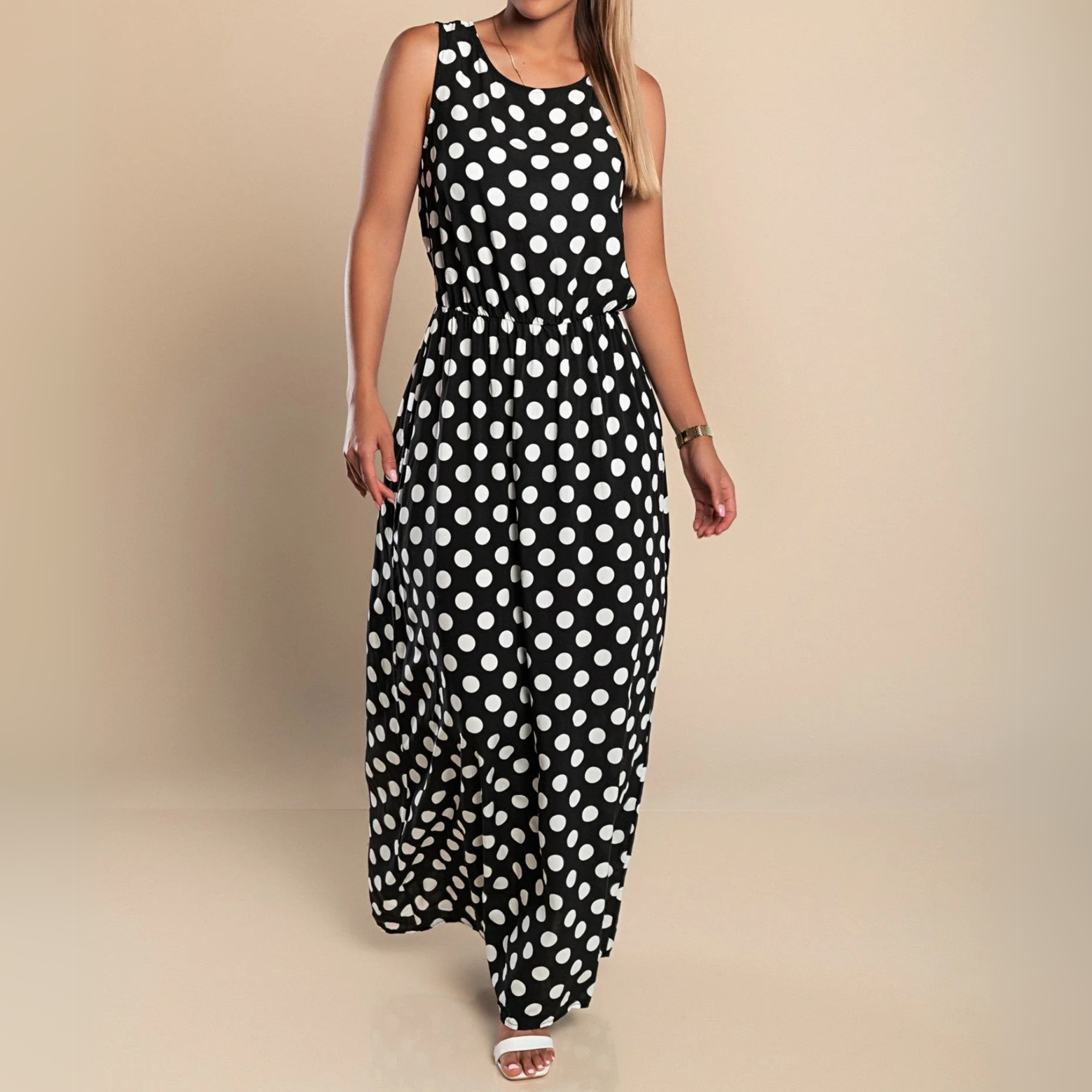 Robe maxi sans manches à pois pour femme avec ceinture à la taille