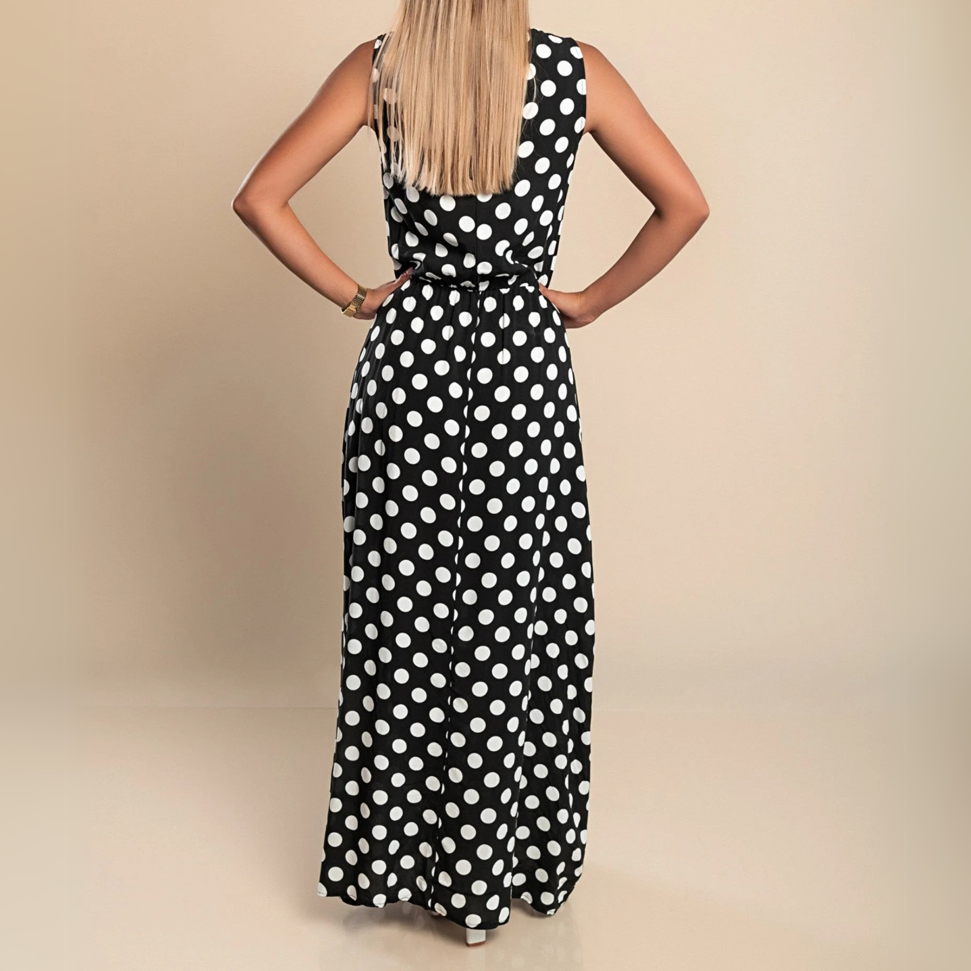 Robe maxi sans manches à pois pour femme avec ceinture à la taille