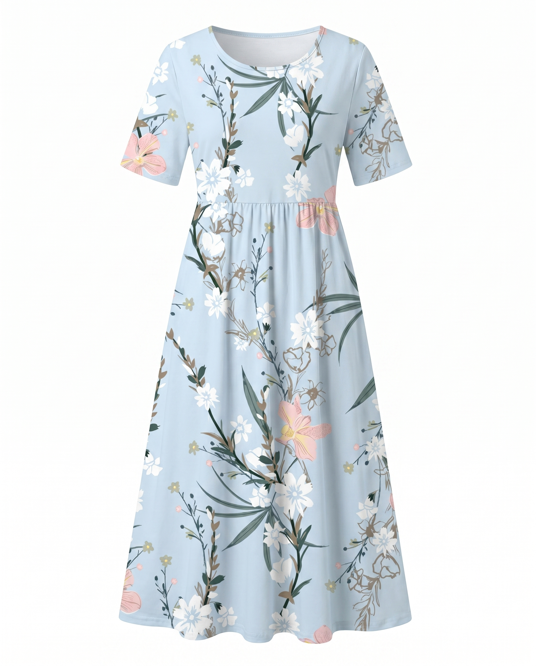 Women's Fresh Floral A-Line Round Neck Midi Dress