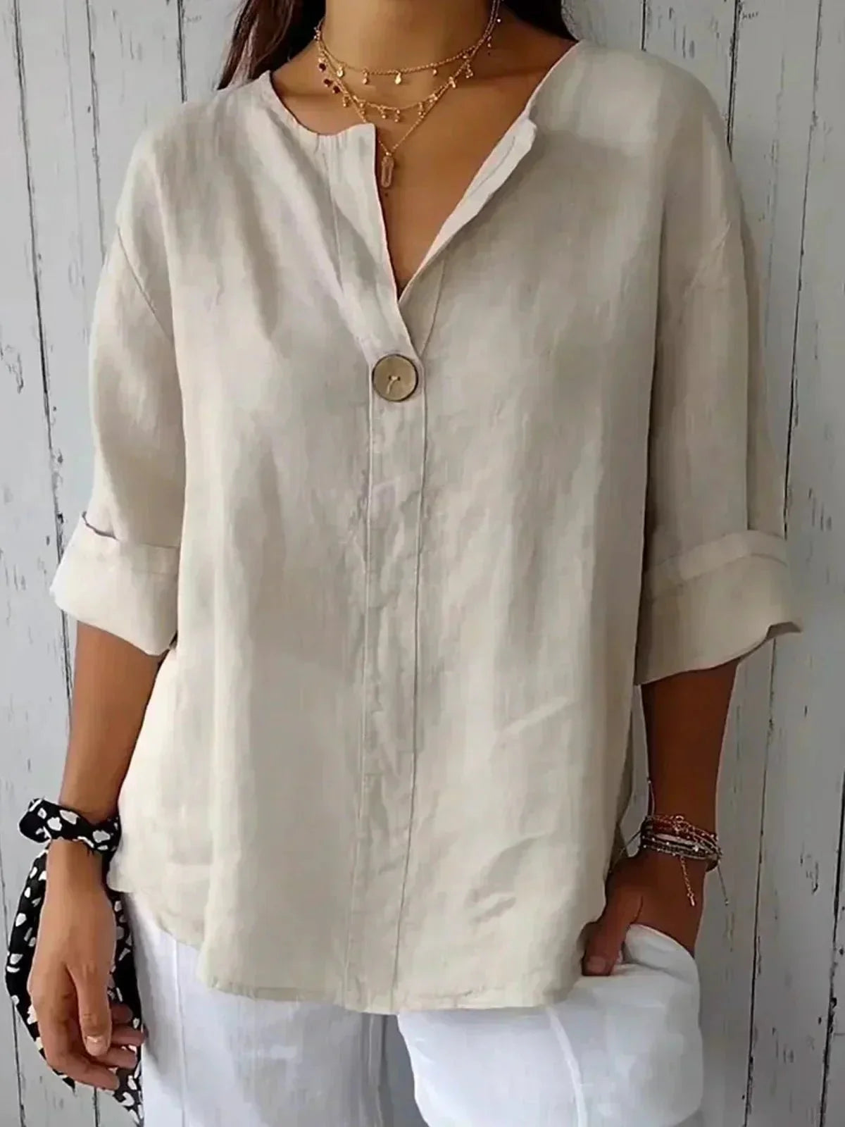 Blouse en lin pour femme à col en V avec manches retroussables à patte de boutonnage
