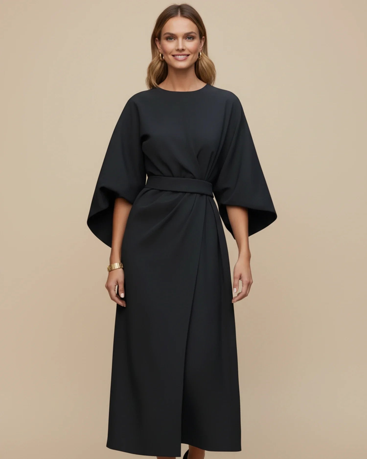 Robe midi portefeuille ceinturée pour femme avec manches lanterne