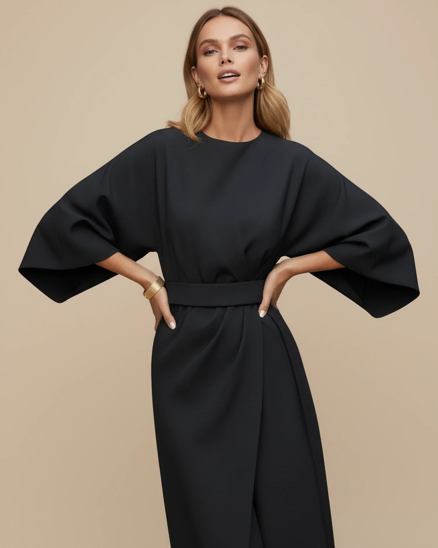 Robe midi portefeuille ceinturée pour femme avec manches lanterne
