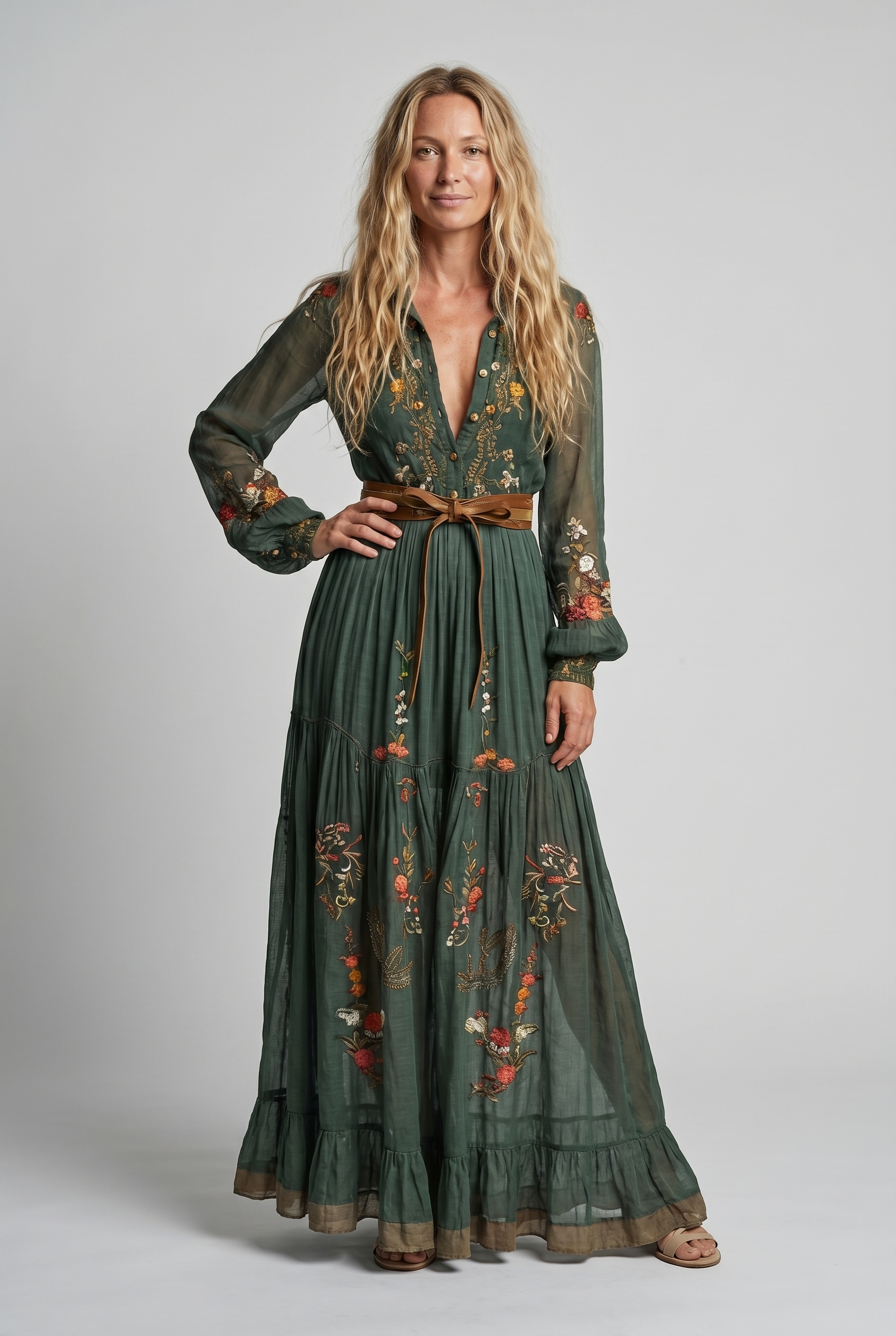 Women's All-Over Embroidered Boho Maxi Dress with Balloon Sleeves